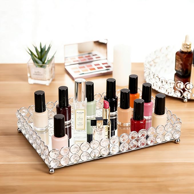 Feyarl Crystal Vanity Makeup Perfume Tray Ornate Jewelry Trinket Organizer Cosmetic Decorative Tray Skin Care Storage for Home Dressing Table Wedding Decoration(Rectangle 12" x 8")