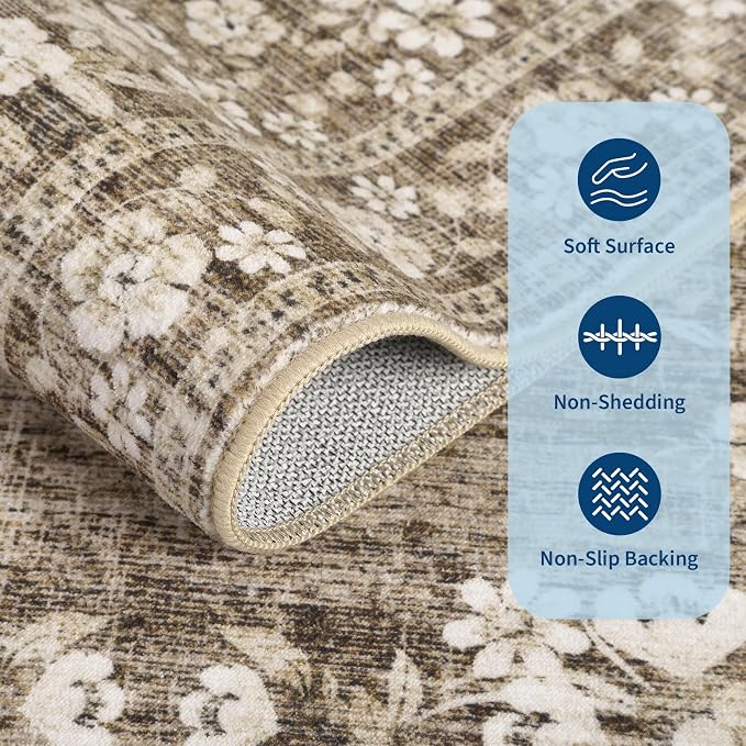 GarveeHome Floral Runner Rug 2x6 for Bedroom Vintage Throw Floor Cover | Washable Boho Flower Bordered Rugs Non-Slip Low Pile Botanical Hallway Accent Mats Floral Rug for Kitchen Entryway Brown