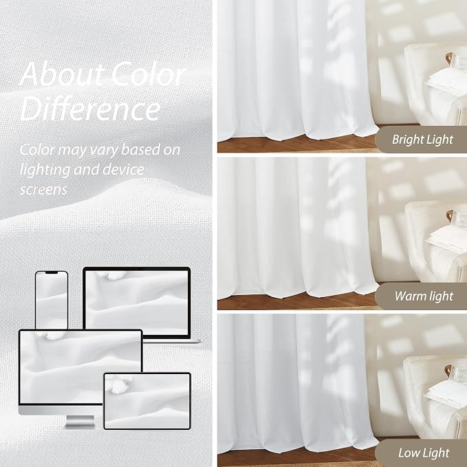 RYB HOME Linen Sheer Curtains 2 Panels for Living Room, Semi Transparent Privacy Drapes with Rod Pocket Farmhouse Style Window Treatments for Bedroom, White, 70" W x 95" L