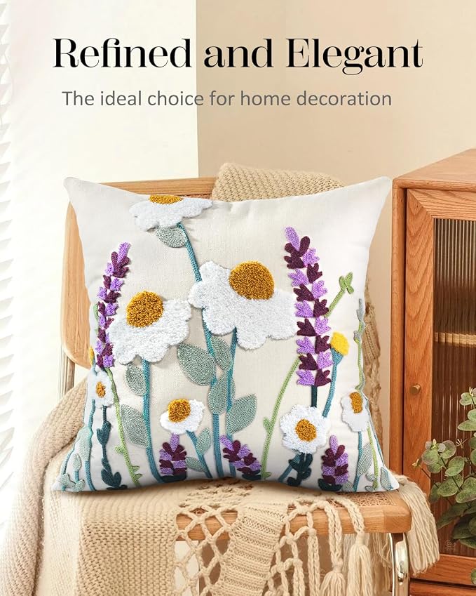 Embroidered Throw Pillow Cover - 18x18 Decorative Pillow Cover with Zipper Aesthetic Cute Design Boho Spring Summer Throw Pillowcase for Living Room Couch Sofa Bed, Wild Floral