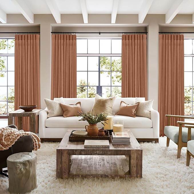 RYB HOME Linen Sheer Curtains 2 Panels for Living Room, Semi Transparent Privacy Drapes with Rod Pocket Farmhouse Style Window Treatments for Bedroom, Brunt Orange, 52" W x 108" L
