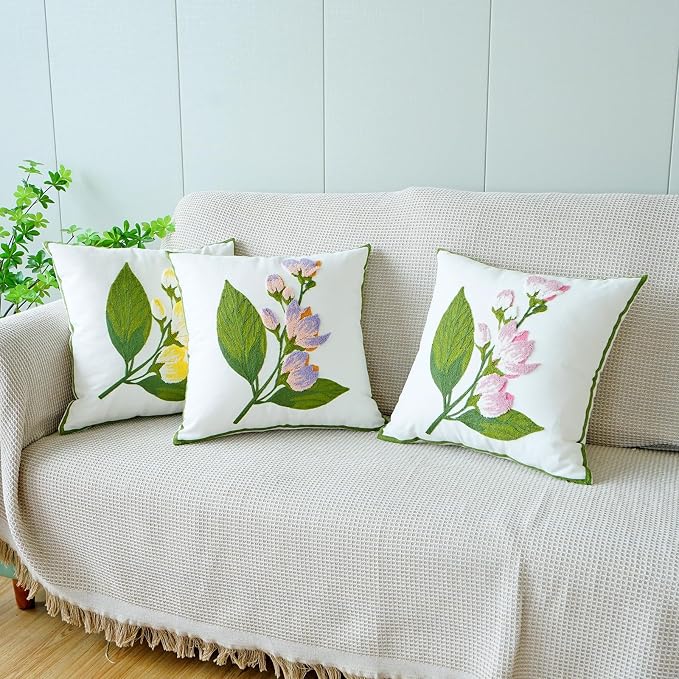 vctops Farmhouse Hibiscus Flowers Cotton Tufted Throw Pillow Cover Spring Floral Embroidery Pillowcase Soft Square Cushion Case for Sofa Couch Bed Chair (Yellow F,18"x18")
