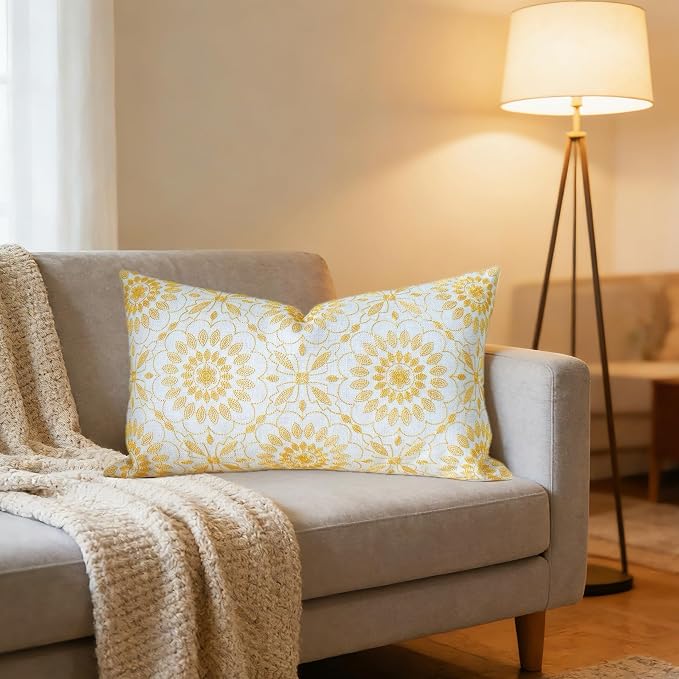 Slow Cow Linen Embroidery Lumbar Throw Pillow Cover Cushion Cover Floral Pattern Rectangular Pillowcase for Couch Bedroom 12 x 20 Inches Yellow Gold