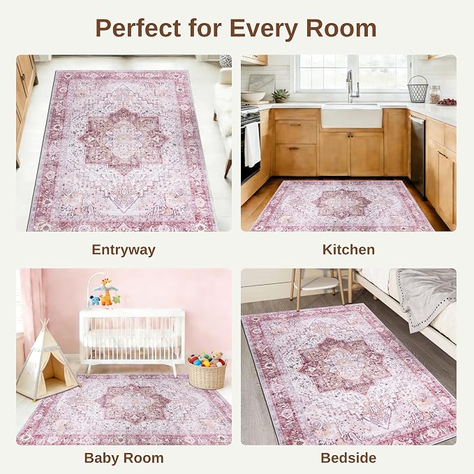 Pink 3x5 Entryway Rug, Non Slip Indoor 3x5 Washable Rug | Soft faux wool, machine washable & stain resistant. Non-slip rubber backing, low pile. For entryway, kitchen, hallway.