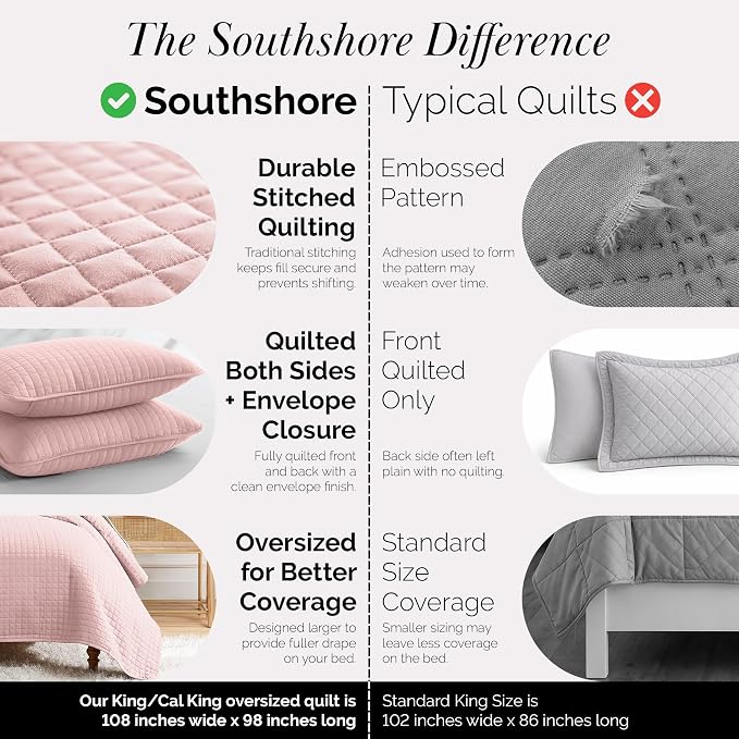 Southshore Fine Living, Inc. Pink King Quilt Set with 2 Pillow Shams, Stitched Lightweight Coverlet, King Size, Stain & Pet Hair Resistant Bedding Set, Fits Standard or California Beds, Pastel Pink