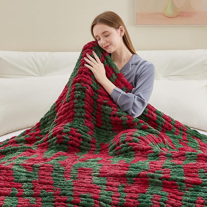 Negwoo Chunky Knit Throw Blanket, Knitted Throw Chenille Yarn, 80"*90" | Soft Thick Cable Knitted Blankets, Handmade Big Thick Blanket, Machine Washable Cute Comfy Blanket for Home Decor, X stripe
