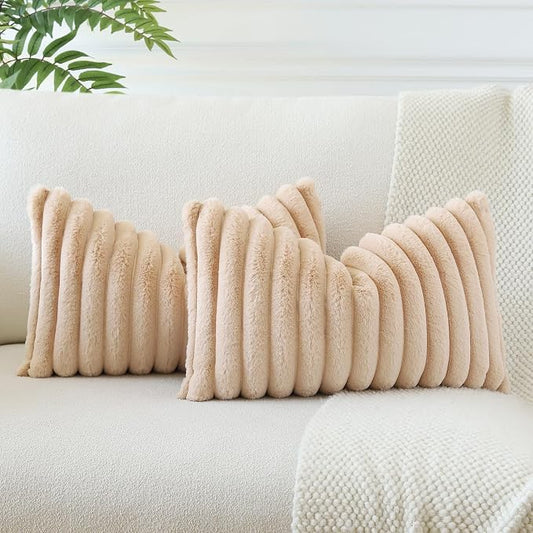 Soleebee Set of 2 Throw Pillow Covers Soft Cozy Velvet Pillowcase Faux Rabbit Fur Cover for Couch Sofa Bed Chair Home Decorative Pillows Cover (12x20 Inch, Camel)