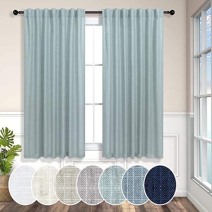 Pitalk Aqua Curtains 45 inch Length for Bedroom 2 Panels Rod Pocket Back Tab Lightweight Linen Semi Sheer Short Coastal Summer Sea Green Seafoam Curtains for Living Room Bathroom Home Office Teal