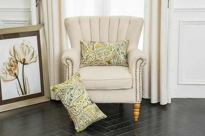 Mika Home Pack of 2 Oblong Rectangular Throw Pillow Cover Cushion Cases for Sofa Couch Chair,Paisley Pattern,12x20 Inches,Green Brown Cream Multicolor