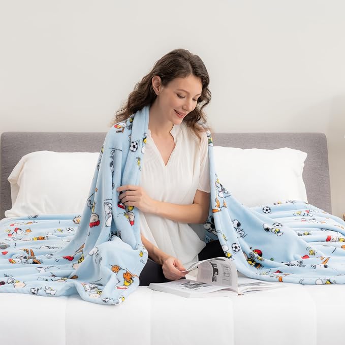 Berkshire Blanket Peanuts® VelvetLoft® Cute Character Snoopy Plush Blanket,Snoopy the Athlete Closed in Blue,Full/Queen 90 in x 90 in (Official Peanuts® Product)