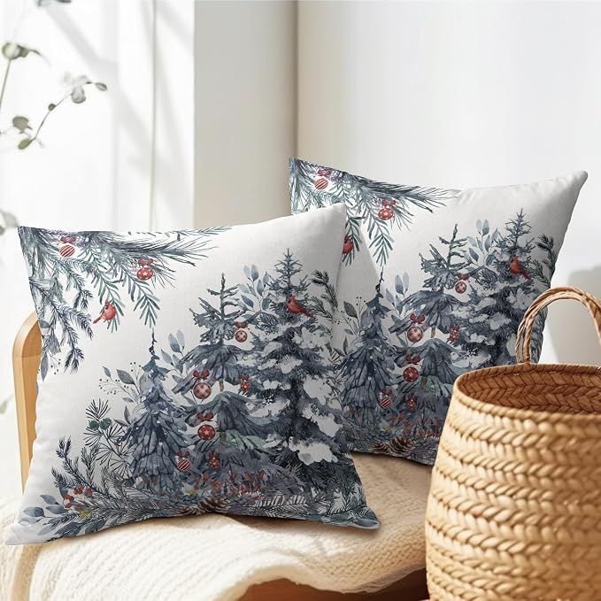 Christmas Tree Throw Pillow Covers 22x22 Inch Set of 2 Winter Watercolor Blue Grey Pine Trees Berry Bells Birds Decorative Pillowcase Xmas Holiday Cotton Linen Cushion Cover for Home Sofa Couch Patio