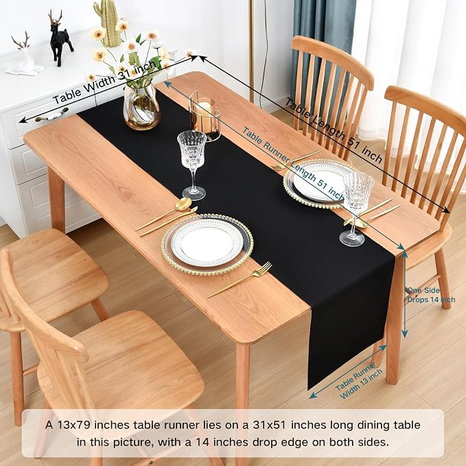 Faux Linen Table Runner Water Resistant 13 x 90 in, Black | Farmhouse Rustic Table Runners, Coffee Table Runner, Dresser Runners for Bedroom, Living Room, Kitchen, Dining, Party