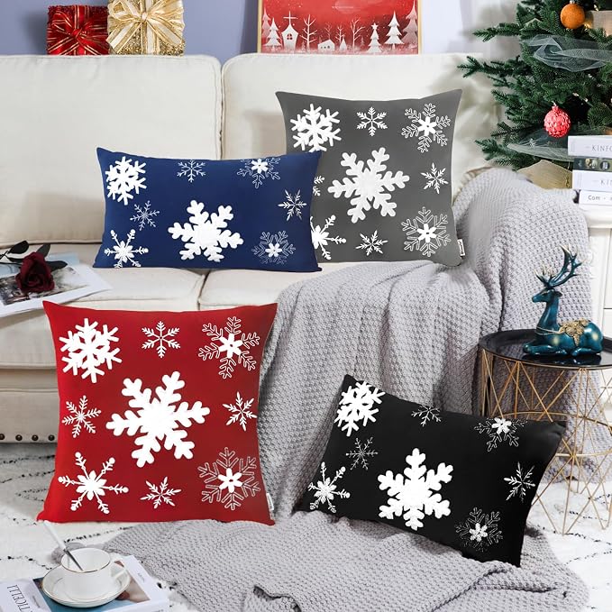 BRAWARM Christmas Pillow Cover 20 X 20 Inches, Gray Snowflake Embroidered Pillow Cover, Soft Velvet Decorative Throw Pillow for Couch Bed Sofa Living Room Home