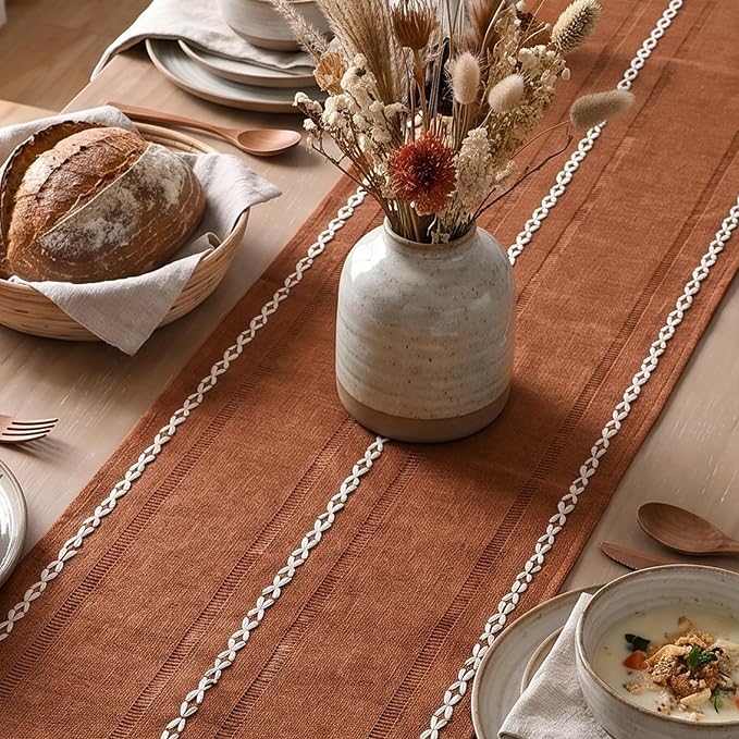 Artoid Mode Caramel Rustic Cotton Linen Table Runner, Seasonal Fall Embroidered Hollow Kitchen Dining Table Decoration for Home Party Decor 13x108 Inch