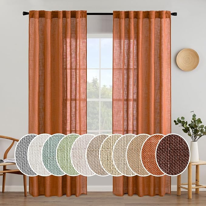 MIULEE Orange Fall Curtains 52x84 Inch 2 Panels for Bedroom Living Room | Soft Thick Linen Textured Window Drapes, Semi Sheer Light Filtering, Back Tab Rod Pocket, Burlap Look Fall Boho Decor
