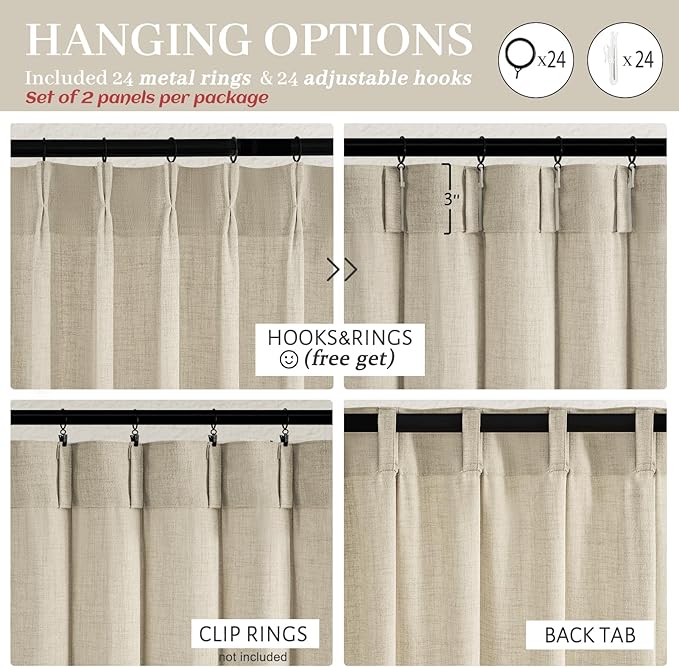 70 Inch Extra Wide Warm Beige Floor Length Curtains 102 Inches Long for Living Room, Memory Trained Pinch Pleated Light Filtering Linen Blend Semi Sheer Farmhouse Windows Curtain W70 x L102 x 2 Panels