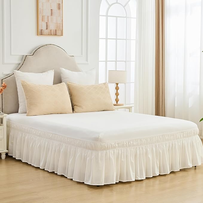 BISELINA Wrap Around Bed Skirts 17" Drop, Cotton Adjustable Elastic Dust Ruffles Easy Fit Wrinkle & Fade Resistant Soft Cozy Elegant Luxurious Bedding - White, Queen Size