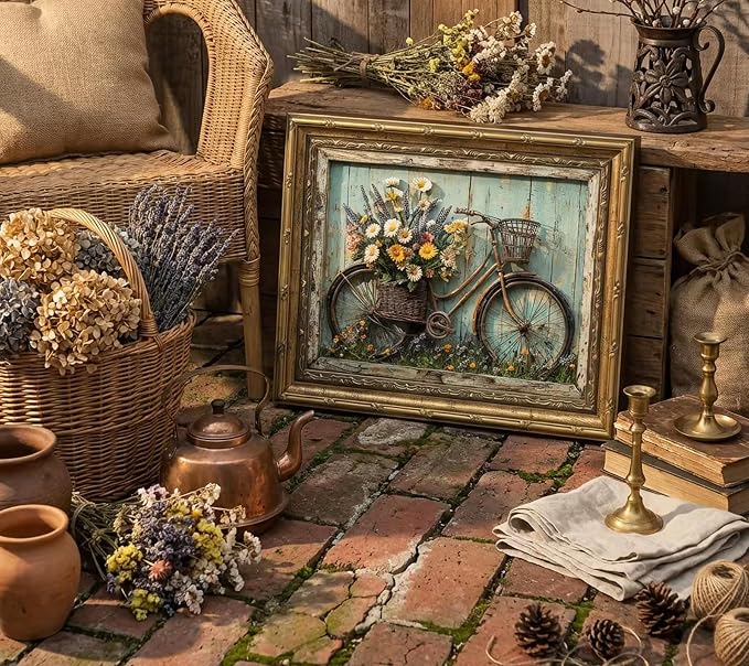 Gold Framed Rustic Farmhouse Daisy Floral Wall Art Vintage Bicycle Flower Painting Picture Canvas Wall Decor Country Still Life Poster Print for Bathroom Living Room Bedroom Home Decoration 12x16in