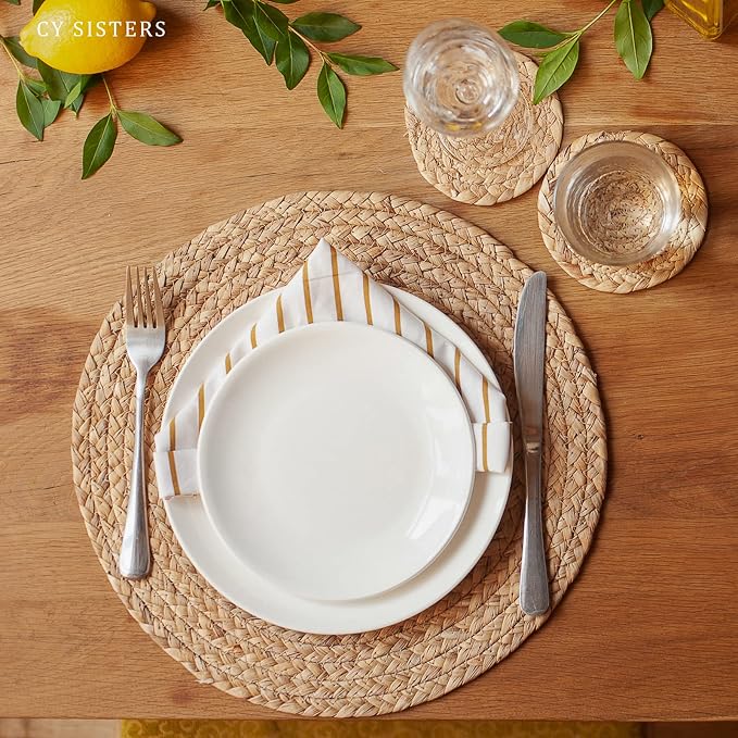 Round Placemats Set of 8 with 8 Coasters Natural Water Hyacinth Woven Placemats Farmhouse Braided Place Mats Boho Straw Placemat Wipeable Wicker Outdoor Place Mats for Patio Table 13.4''