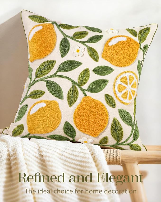 Embroidered Throw Pillow Cover - 18x18 Decorative Pillow Cover with Zipper Aesthetic Cute Design Boho Spring Summer Throw Pillowcase for Living Room Couch Sofa Bed, Branch Lemon