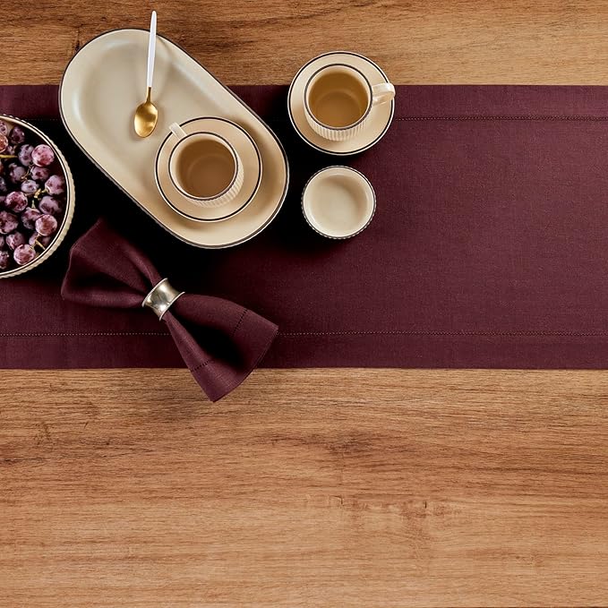 Solino Home 100% Pure Linen Table Runner Burgundy Hemstitch, 14 x 120 in | Classic Hemstitch, a graceful centrepiece for dining and gatherings, hemstitched border, mitered corners, OEKO-TEX Certified