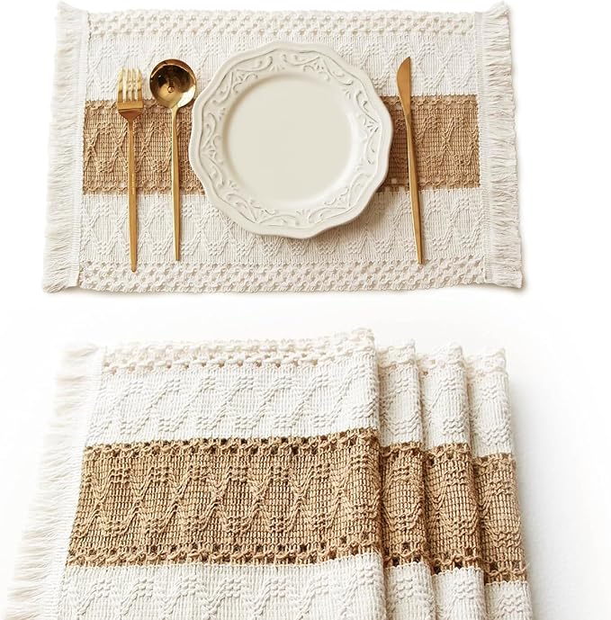 FEXIA Boho Placemats Set of 4, Macrame Table Mats Farmhouse Dining Decor | 12x20" Woven Burlap Place Mat with Tassel for Kitchen and Dining Table Centerpiece Home Decorations Rustic Boho Kitchen Decor