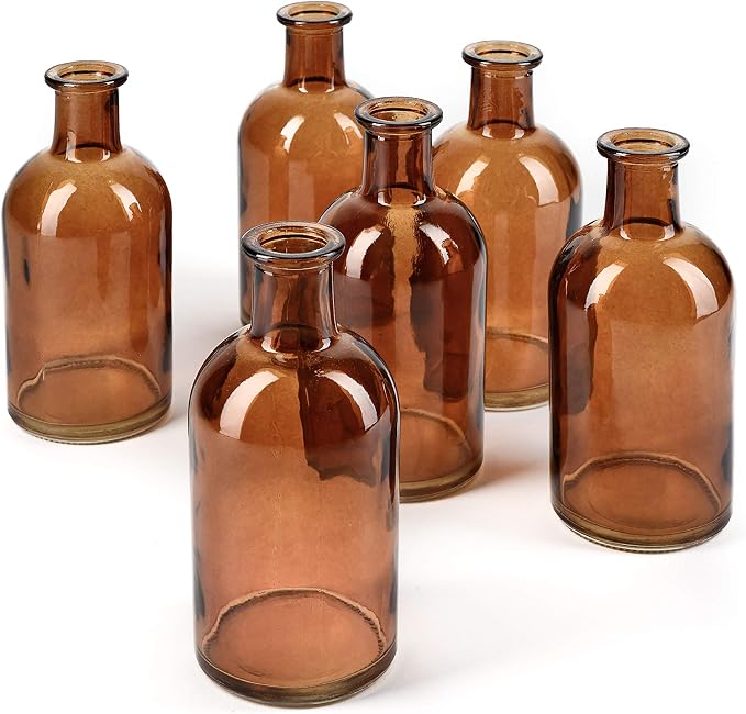 Serene Spaces Living Bud Vases, Apothecary Jars, Decorative Glass Bottles, Centerpiece for Wedding Reception, Mini Flower Vases, Small Medicine Bottles for Home Decor (Amber, Set of 48)