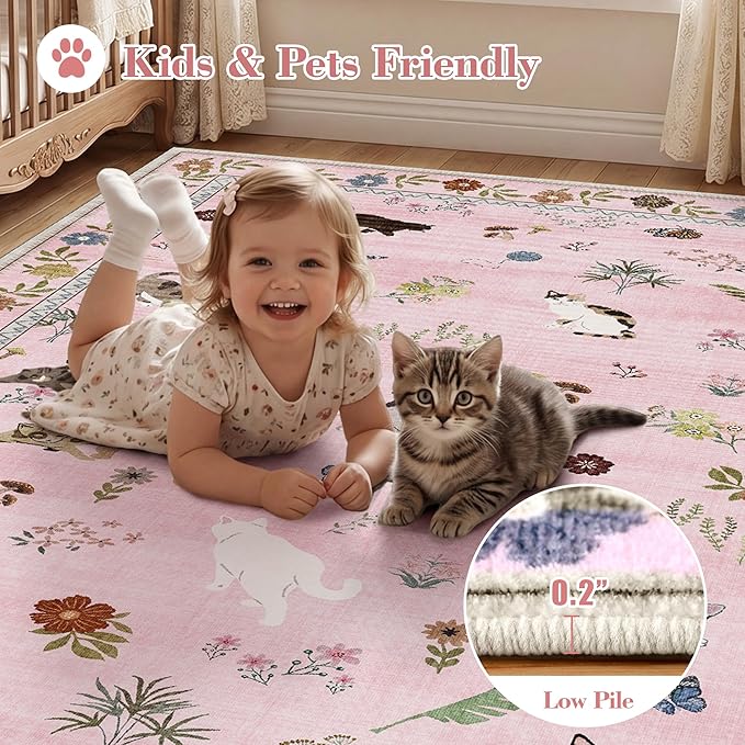 AIMPEAK Pink Area Rugs 3x5 Small Thin Entryway Rug - Vintage Boho Cat Animal Washable Non-Slip Living Room Carpet Soft Low Pile Bedroom Floor Mat Indoor for Nursery Girls Room Playroom, Pink Multi