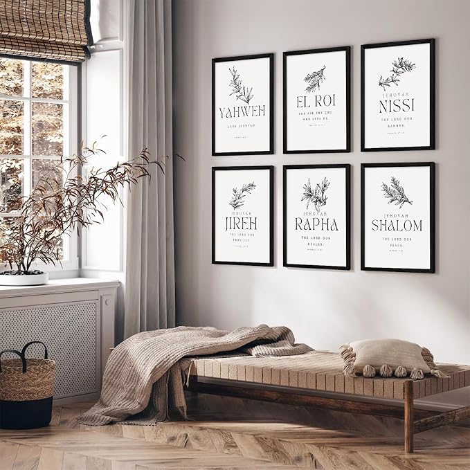 Christian Hebrew Names of God Wall Art Bible Verse Scripture Canvas Wall Decor Art Minimalist Jesus Pictures Modern Christian Poster Artwork Bible Verse Prints for Room 8x10 Inch Framed Set of 6