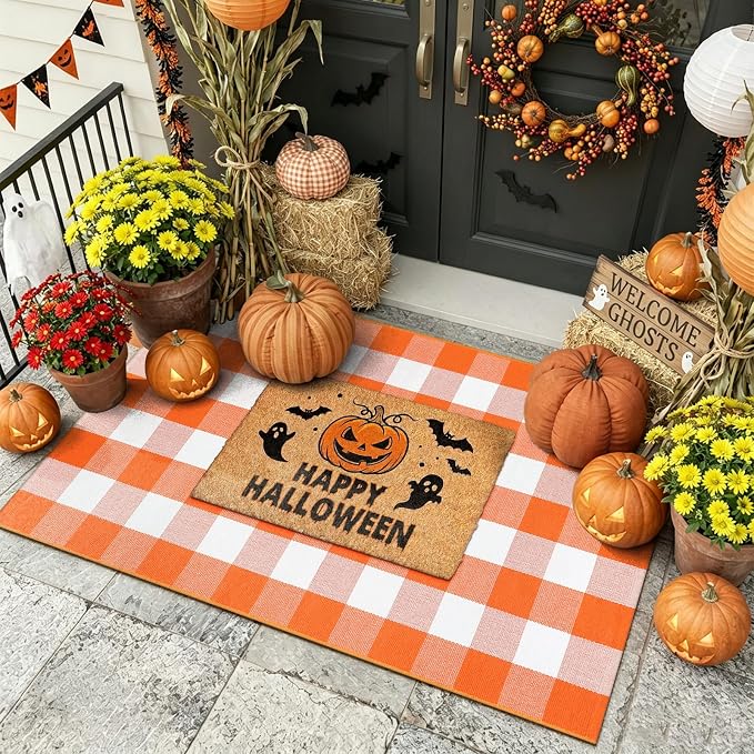 LEEVAN Halloween Outdoor Rug 3x5, Orange Buffalo Check Fall Front Porch Rug | Washable Thanksgiving Checkered Plaid Door Mat, Layered Autumn Doormat for Farmhouse Entryway Kitchen Patio