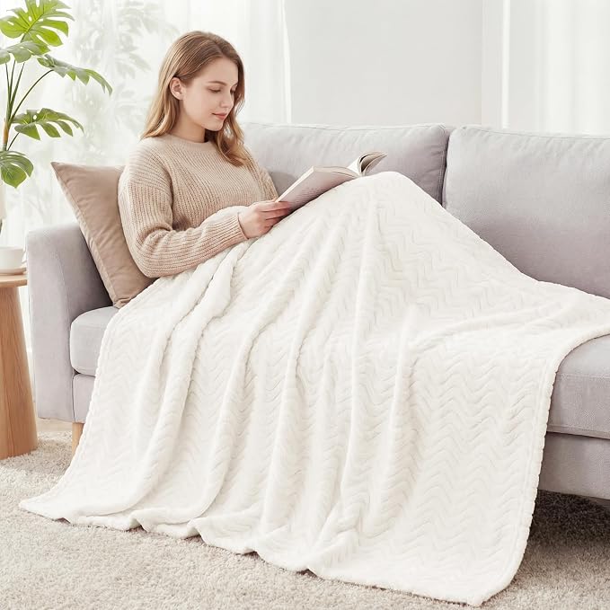 Exclusivo Mezcla Large Fleece Throw Blanket for Couch, Sofa, Ivory | 50"x70" Soft Breathable Lightweight Flannel Throws for Summer, Plush Cozy Jacquard Wave Blanket for Home Decor