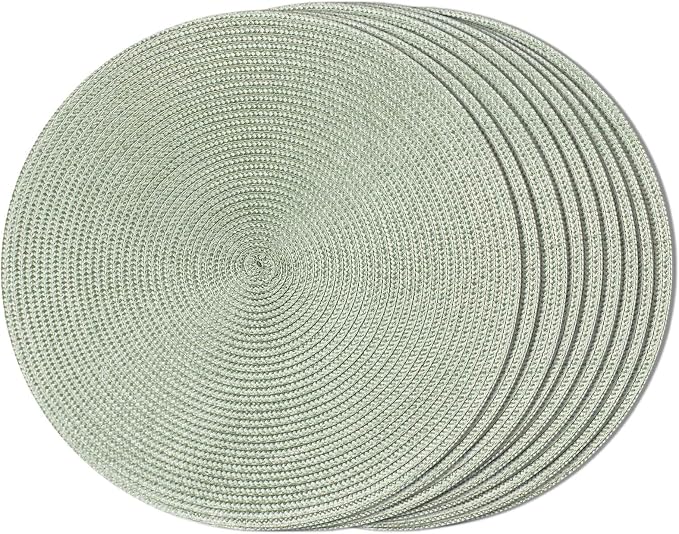 FunWheat Round Braided Placemats Set of 8 Place Mats for Dining Table Woven Washable Non-Slip Table Mats 15 Inch(Fog Green,8pcs)