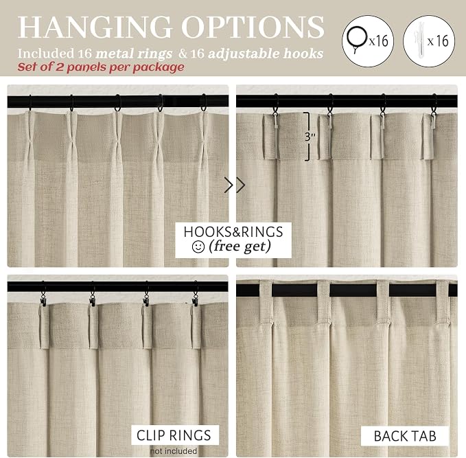 Extra Long 112 Inch Natural Linen Floor to Ceiling Curtains for Patio Sliding Glass Doors, Warm Beige Memory Trained Pinch Pleated Long Drapes Light Filtering Sheer Aesthetic Windows Curtain 2 Panels