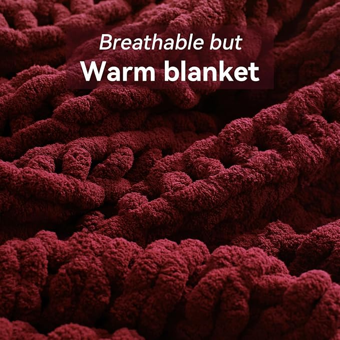 Negwoo Chunky Knit Throw Blanket, Knitted Throw Chenille Yarn, 60"*80" | Soft Thick Cable Knitted Blankets, Handmade Big Thick Blanket, Machine Washable Cute Comfy Blanket for Home Decor, Red