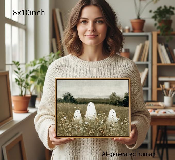 Framed-Halloween Ghost Canvas Wall Art-8x10in | Vintage Wildflowers Cute Ghost Picture Poster Print.Halloween Wall Decor for Bedroom Living Room Bathroom