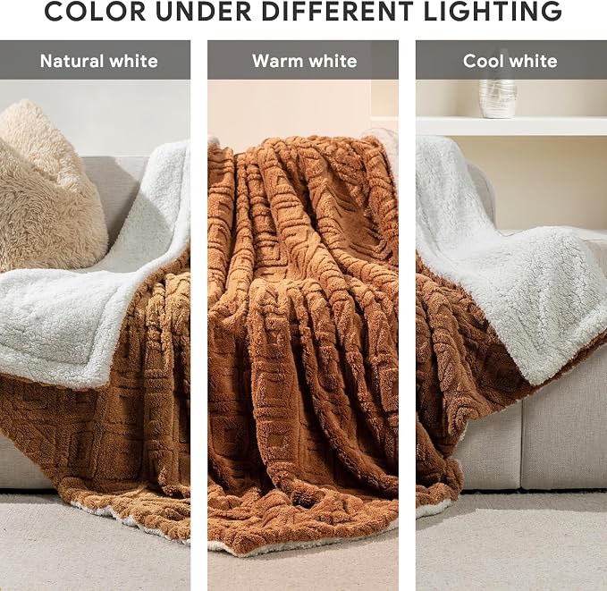 EverGrace Jacquard Reversible Sherpa Throw Blanket, 50" x 60", Burnt Orange | Jacquard Sherpa Throw Blanket, Super Soft, Cozy Plush Blanket, Reversible Thick Warm Throw for Bed, Sofa, Living Room