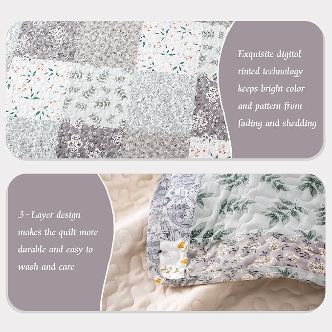 Whale Flotilla California King Size Quilt Set, Extra Soft Floral Bedspreads | Grey Reversible Lightweight Oversized King Quilt Bedding Set for Bed, Printed Coverlets with 2 Pillow Shams for All Seasons