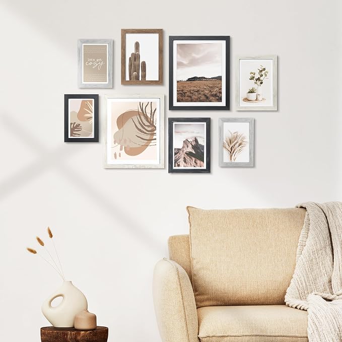 Gallery Wall Frame Set, 8 Pack Neutral Wall Decor, Multi-Color | Farmhouse Collage Picture Frames Wall Art for Living Room, Entryway, Stairway, Bedroom, Assorted Size