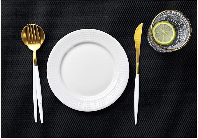 LEXMORE Placemats Set of 4 Vinyl/Plastic Woven Place Mats for Kitchen Table Indoor/Outdoor Washable Placemat Wipeable Dining Table Mats(Black)