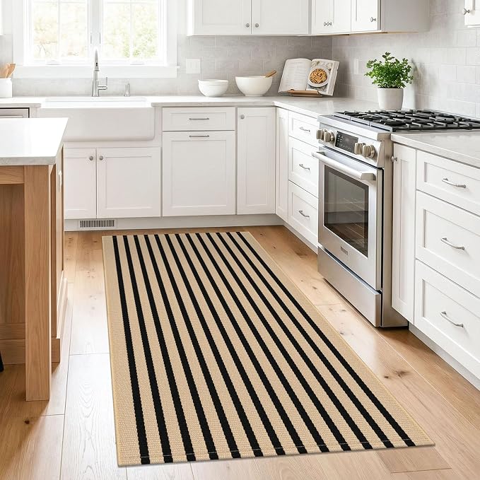 KILOCOCO Striped Rug 3x5 ft Washable Front Door Outdoor Rug, Brown Black | Cotton Layered Doormats, Washable Front Porch Rug, Woven Low Pile Welcome Mat for Kitchen Entryway Farmhouse Patio