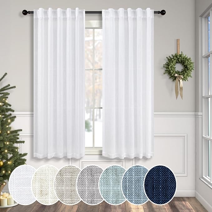 Pitalk White Curtains 38 Inch Width for Kitchen Windows 2 Panel Back Tab Rod Pocket Linen Cafe Tier Light Filtering Short Sheer Curtains for Bathroom Laundry Basement Farmhouse Decor Wide 38x45 Length