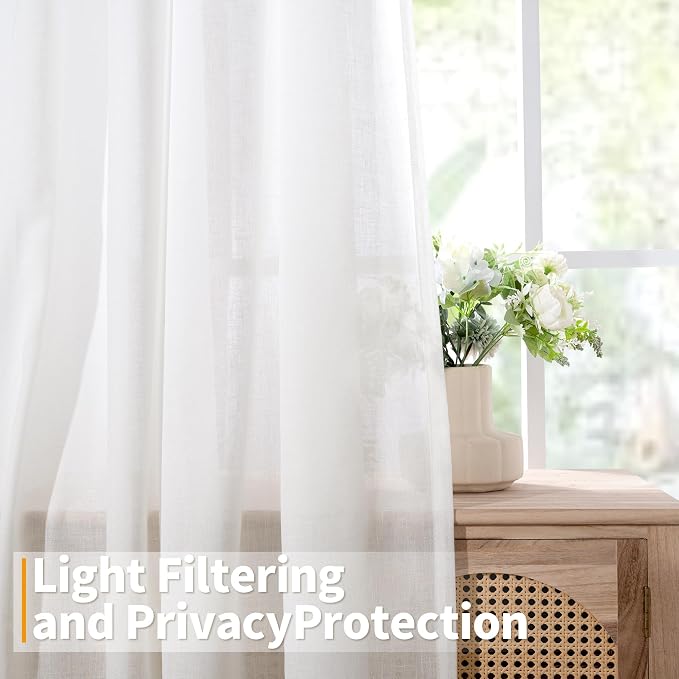 YoungsTex White Linen Light Filtering Curtains 84 Inches Long 2 Panels for Living Room, Lightweight Window Treatments with Grommet Semi Sheer Drapes for Bedroom, 52 X 84 Inch