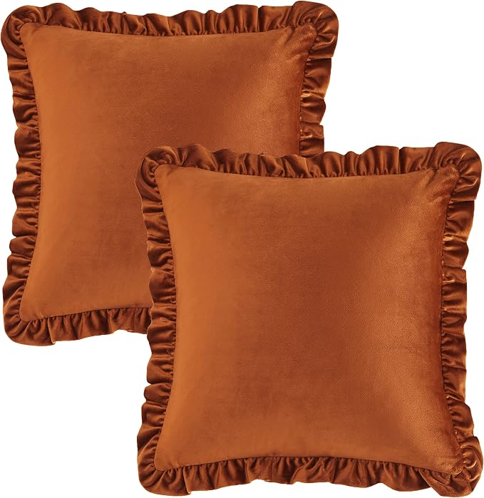 GIGIZAZA Burnt Orange Decorative Throw Pillow Covers, 18x18 Velvet Ruffle Cushion Pillow Covers for Sofa Couch Set of 2