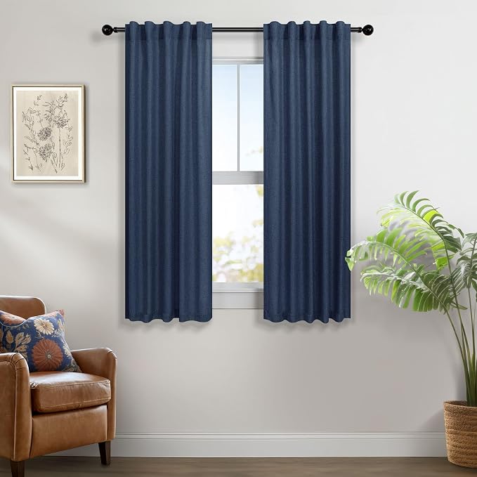 Pitalk Navy Blue Curtains 38 Inch Wide for Small Window 2 Panel Back Tab Rod Pocket Linen Semi Sheer Cafe Tier Narrow Curtains for Side Windows Kitchen Door Basement Laundry Room Width 38x45 Length