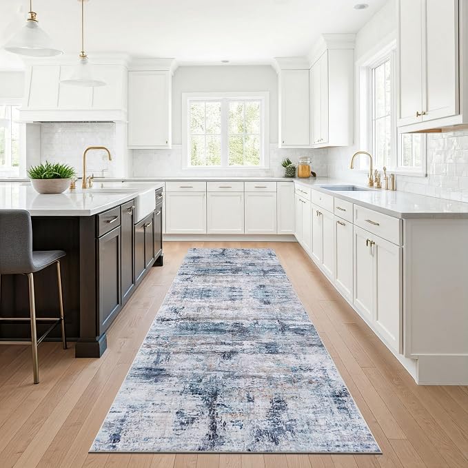 Machine Washable Area Rug, Soft & Durable, Non-Slip, Stain Resistant Rug for Bedroom, Living Room, Dining Room, High Traffic Areas. (Blue/White Abstract, 2.5' X 7')