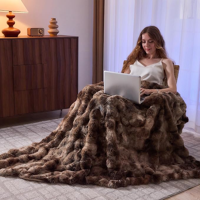 Lotus Karen Faux Fur Throw Blanket Tie-Dye Dark Coffee - Big Bubble Rabbit Fluff Blanket for Couch, Large Fluffy Fuzzy Cozy Blanket,Thick Furry Plush Shaggy Blankets,90x90 Inches