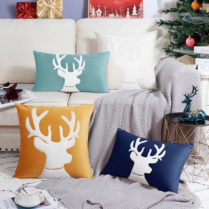 BRAWARM Christmas Pillow Cover 20 X 20 Inches, Gold Reindeer Embroidered Pillow Cover, Soft Velvet Decorative Throw Pillow for Couch Bed Sofa Living Room Home