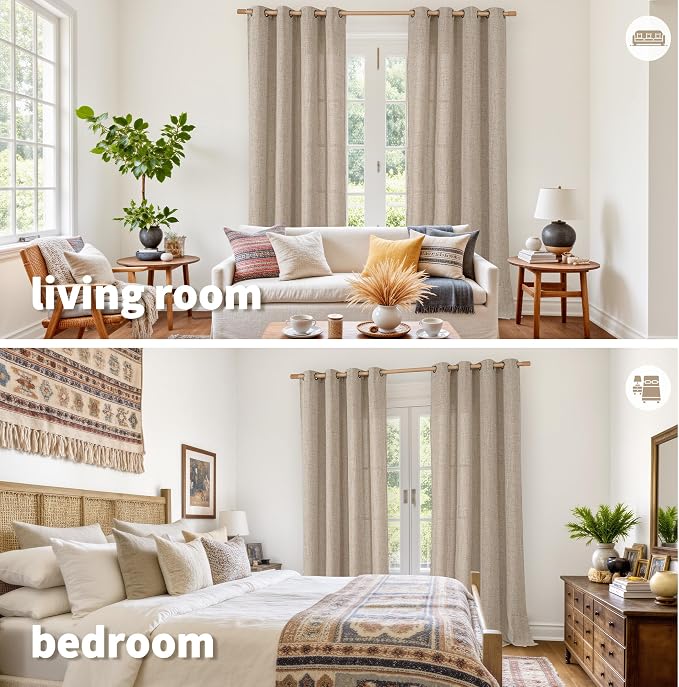 YoungsTex 90 Inches Long Oatmeal Linen Semi Sheer Curtains for Living Room | Light Filtering Drapes with Bronze Grommet Rustic Floor Length for Bedroom Dining Room, 2 Panels, 52 X 90 Inch
