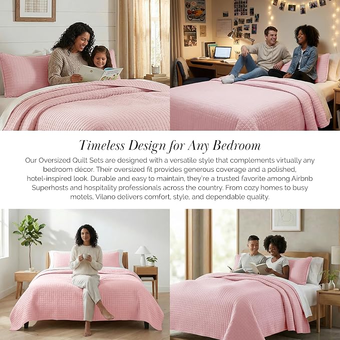 Southshore Fine Living, Inc. Pink King Quilt Set with 2 Pillow Shams, Stitched Lightweight Coverlet, King Size, Stain & Pet Hair Resistant Bedding Set, Fits Standard or California Beds, Pastel Pink