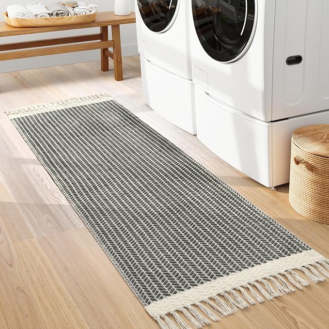 Lahome Boho Bathroom Runner Rug, 2x6 Washable Rugs for Kitchen Hallway | Woven Cotton Laundry Room Throw Carpet with Tassels, Farmhouse Decor Grey Non Shedding Lightweight Mat for Entryway Bath